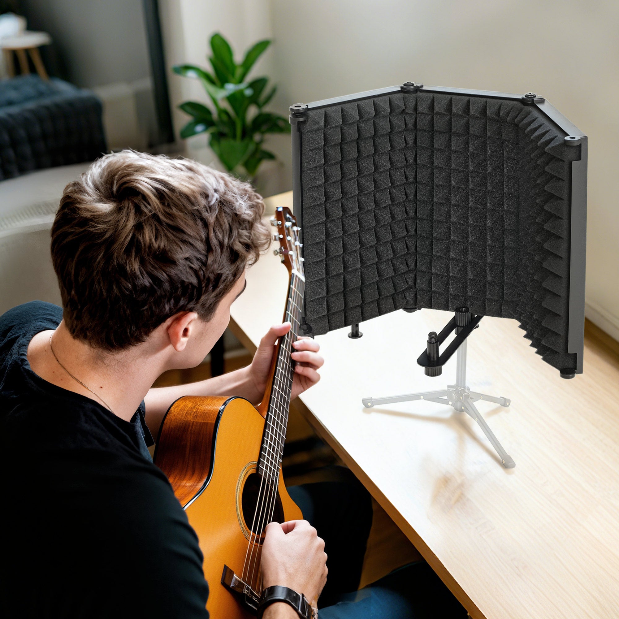 HOMCOM Studio Microphone Isolation Shield, Foldable Adjustable Recording Studio Equipment, 3-Panel High Density Absorbent Foam Shield with 3/8" Threaded Mount, Black 