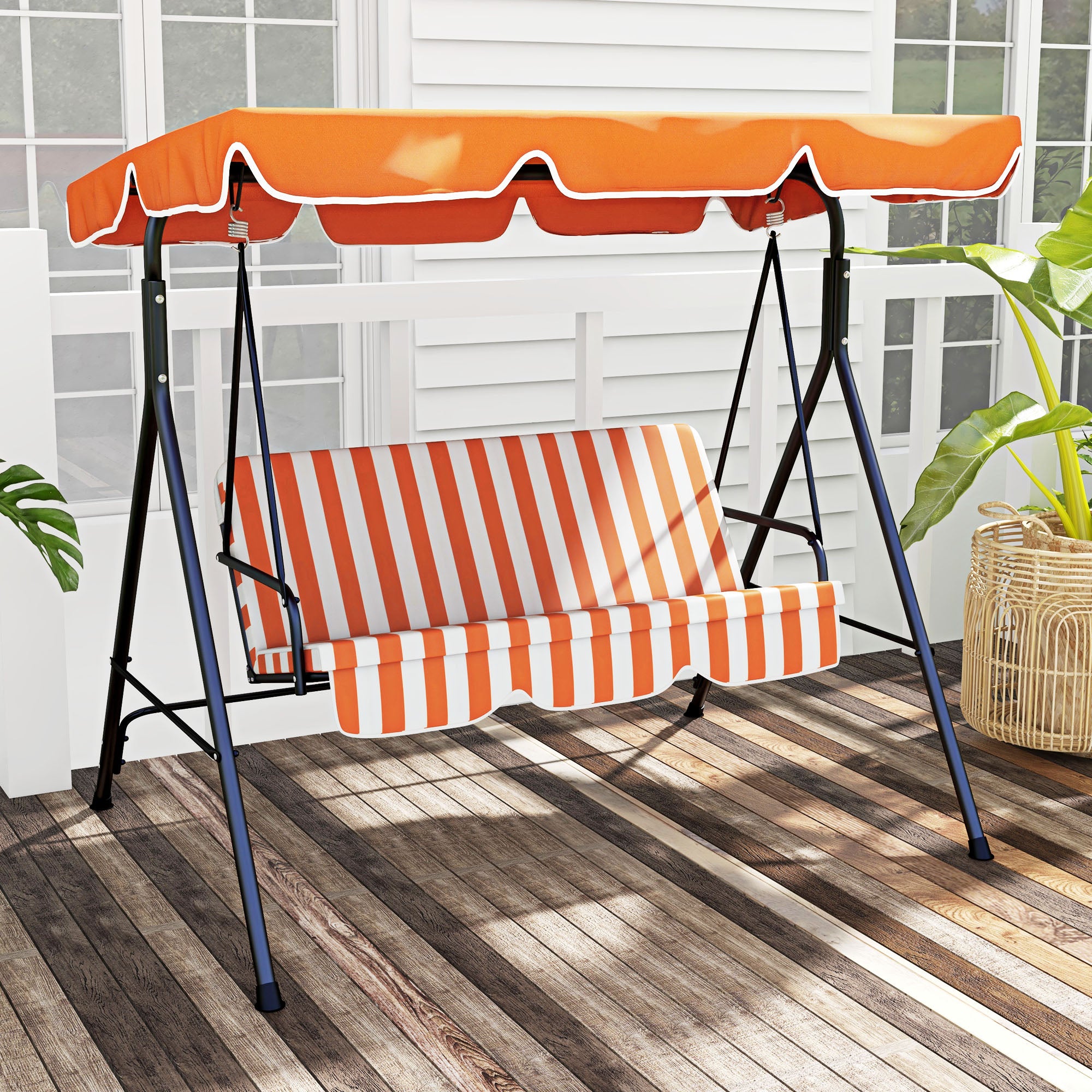 Outsunny Three-Seater Garden Swing Chair, with Adjustable Canopy - Orange Stripe 