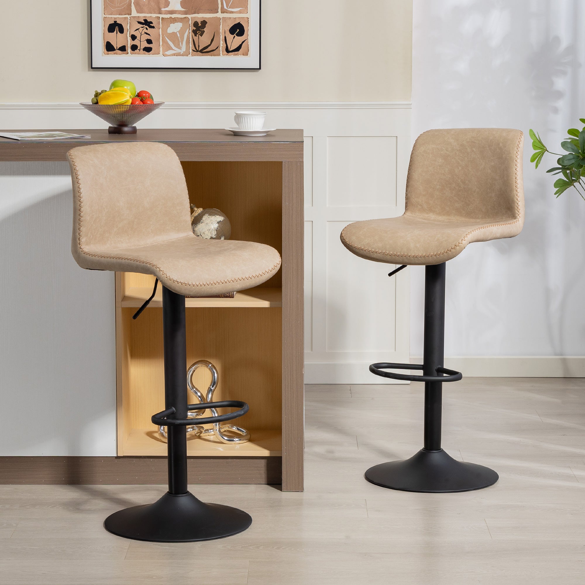 HOMCOM Bar Stools Set of 2, PU Leather Barstools with Backrest and Footrest for Kitchen, Counter, Breakfast Bar, Light Brown 