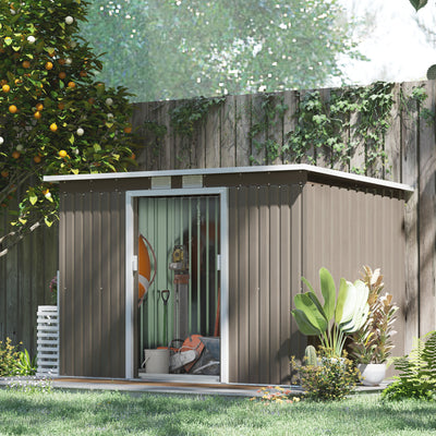 Outsunny 9ft x 4ft Metal Garden Shed, Outdoor Tool House with Foundation Kit, Ventilations and Double Doors, Light Grey Wood Grain 