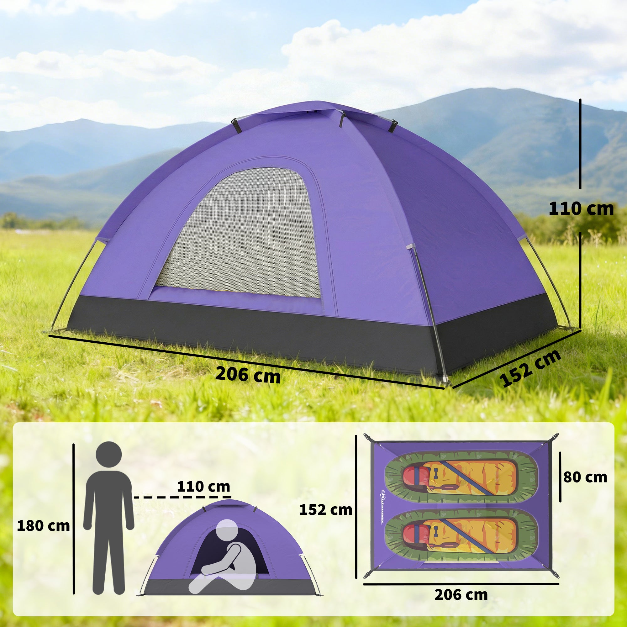 Outsunny 2 Person Camping Tent, Dome Tent with Zipped Doors, Storage Pocket, Portable Handy Bag, Light Purple 