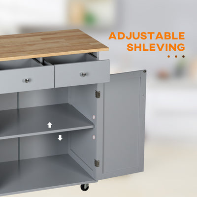 HOMCOM Rolling Kitchen Island on Wheels, Utility Serving Cart with Rubber Wood Top, Towel Rack, Hooks and Storage Drawers, Grey 