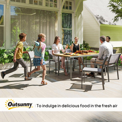 Outsunny Garden Table for 6, Outdoor Dining Table with 5cm Umbrella Hole, Wood Effect Top, Rust Resistant Frame, for Patio, Balcony, Terrace, 150 x 90 cm 