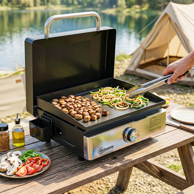 Outsunny Grill Griddle, Portable Gas Plancha, 3.5 kW, Tabletop Gas BBQ with Grease Cup for Camping Picnic Patios, Black 