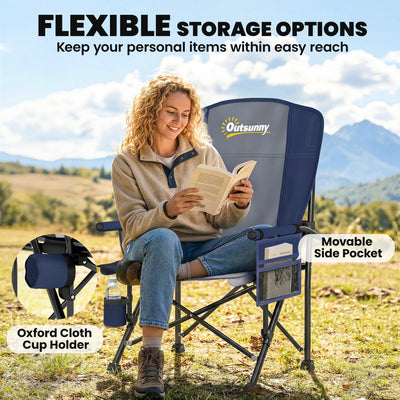 Outsunny Padded Camping Chair Adults Heavy Duty Folding Chair Side Pocket Cup Holder Carry Bag Outdoor Dark Blue 