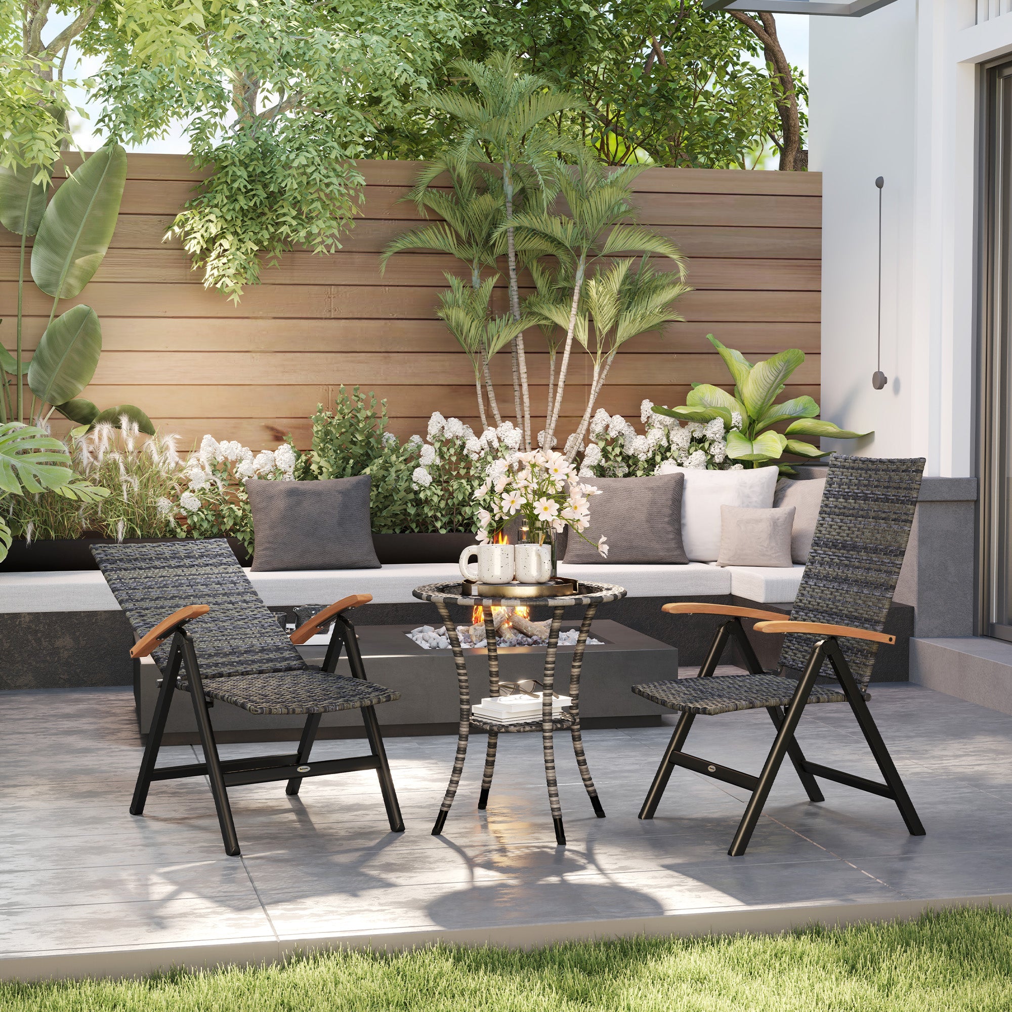 Outsunny 2 Pieces Outdoor Foldable Dining Chair with Armrests, High Backrest, for Garden, Camping, Balcony, Mixed-grey 