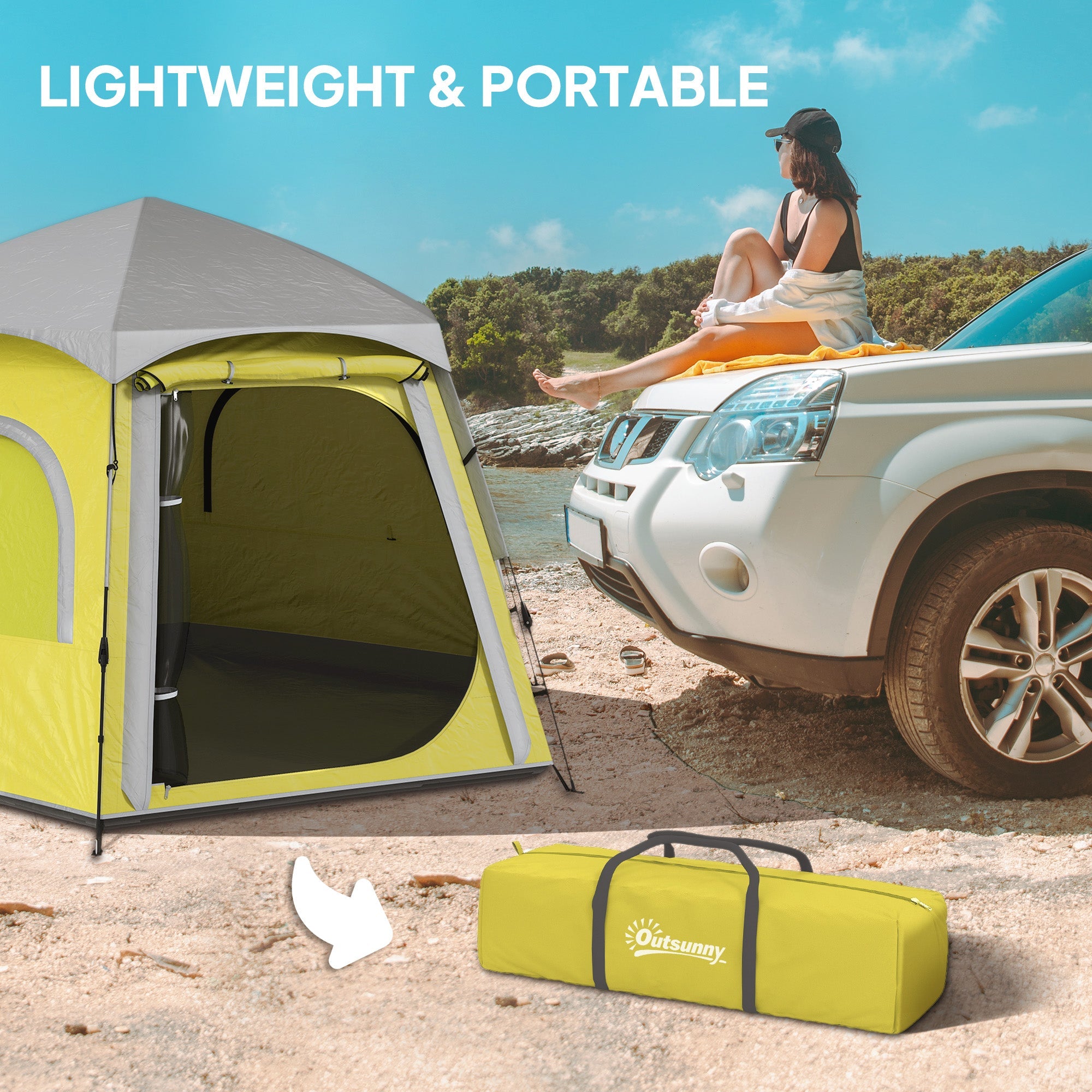 Outsunny Instant Camping Tent, 2/3/4 Person Easy Setup Family Tent with Vestibule, Rainfly, 4 Mesh Windows & 2 Doors, Hexagonal Design, Waterproof UV Protected Dome Tent, Yellow Green 