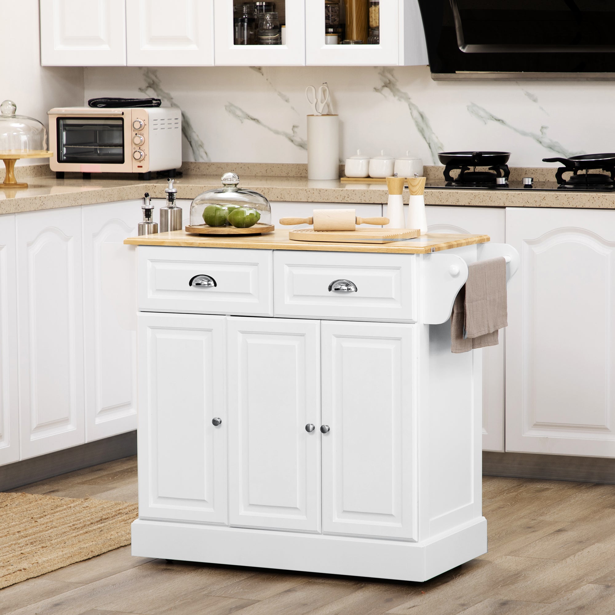 HOMCOM Kitchen Island with Storage Rolling Kitchen Serving Cart with Rubber Wood Top Towel Rack Storage Drawer Cabinet White 