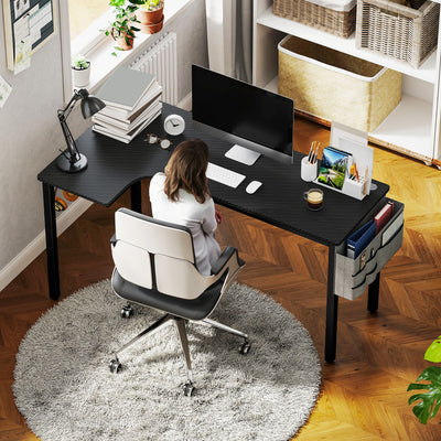 HOMCOM L-Shaped Computer Gaming Desk with Fabric Bag, Hooks and Cable Management, 145 x 81 x 76cm - Black 