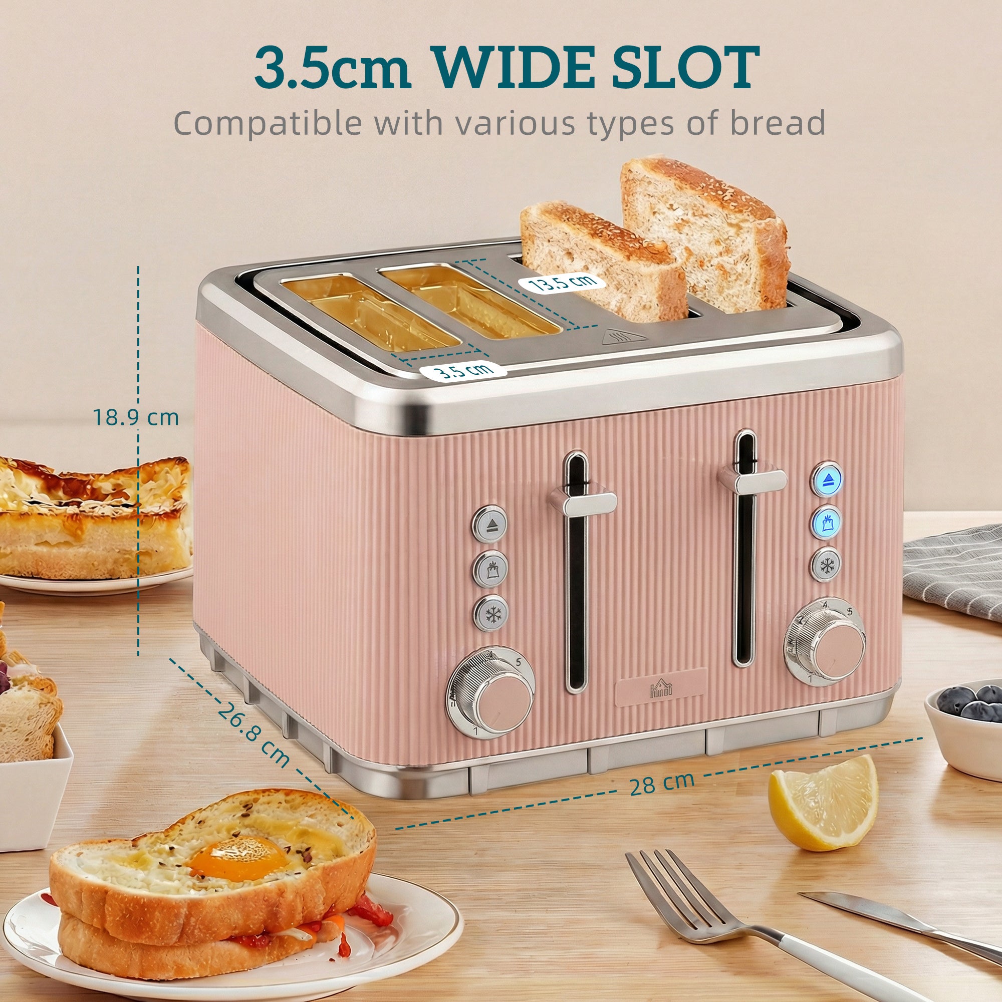 HOMCOM Electric Stainless Steel Kettle and Toaster Set, 3000W 1.7L UK Strix Thermostat Fast Boil Kettle Pink 