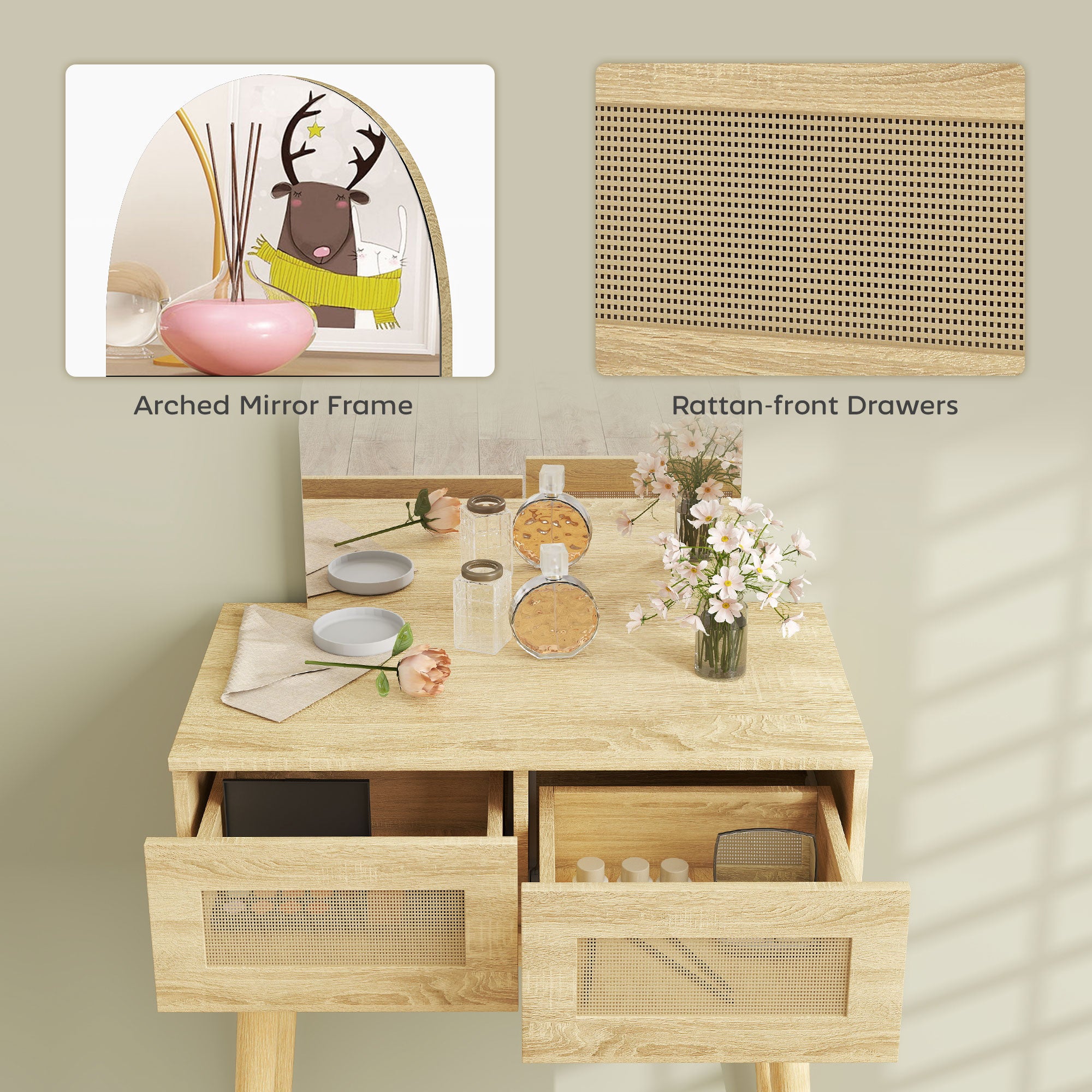 HOMCOM Dressing Table, Compact Vanity Desk with Mirror and 2 Drawers, Natural Wood Finish 