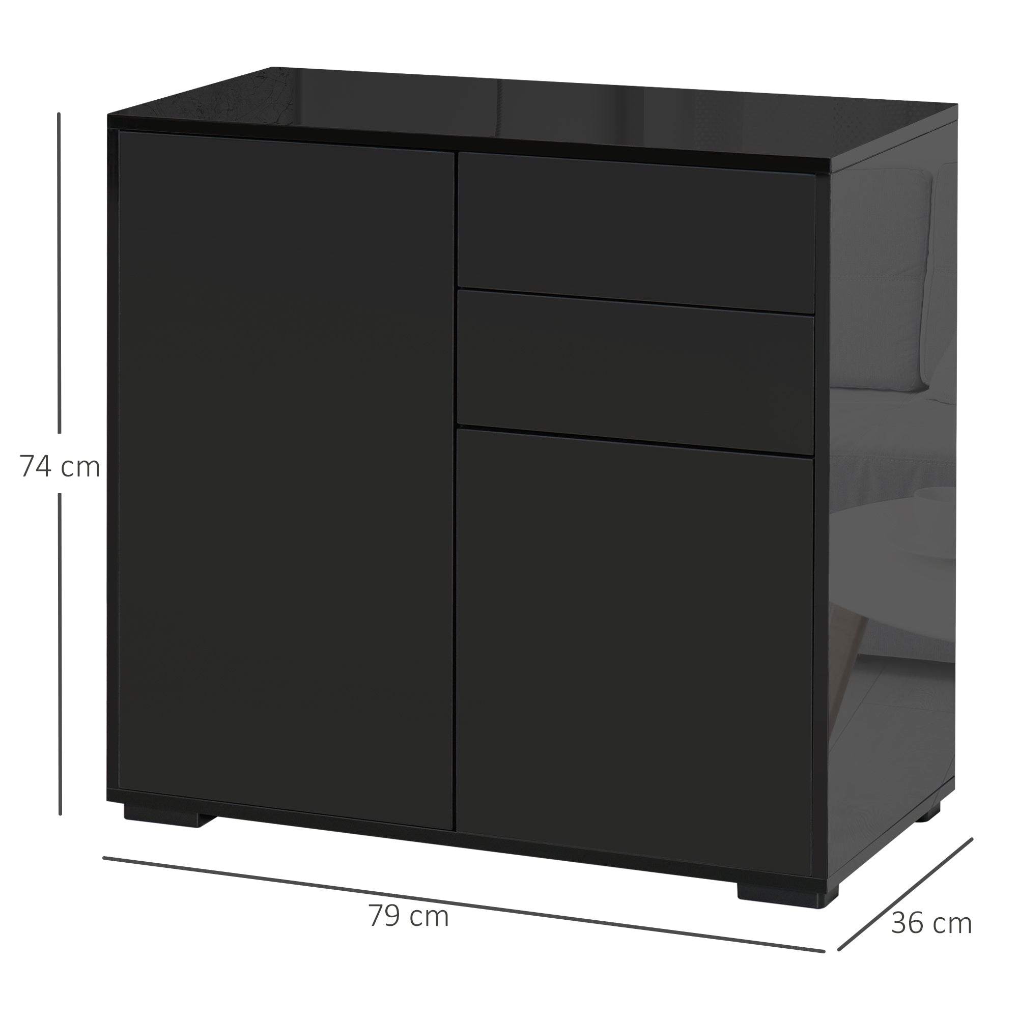 HOMCOM High Gloss Frame Sideboard, Push-Open Design with 2 Drawers for Living Room, Bedroom, 74H x 79W x 36Dcm, Black 