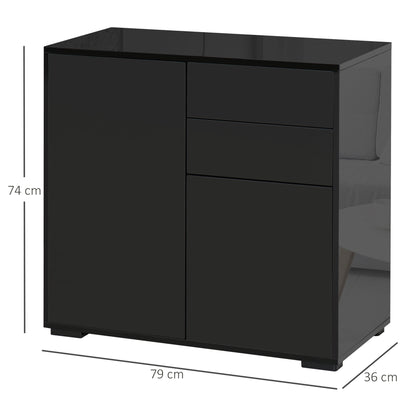 HOMCOM High Gloss Frame Sideboard, Push-Open Design with 2 Drawers for Living Room, Bedroom, 74H x 79W x 36Dcm, Black 