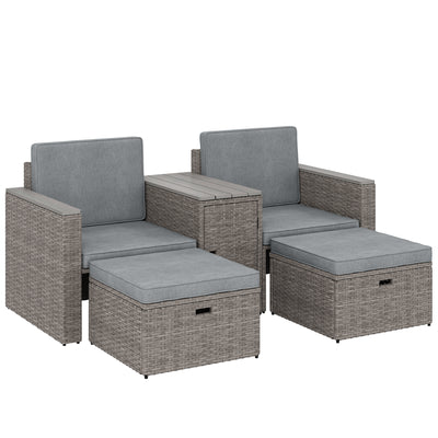 Outsunny 5 Piece Rattan Garden Furniture Set with Storage Table, Footstools, Cushions, Dark Grey 