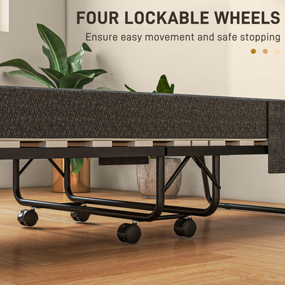 HOMCOM Single Steel Frame Folding Bed, with Wheels - Black/Grey 