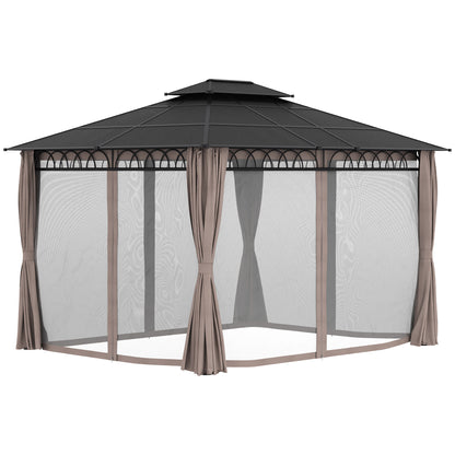 Outsunny 3.6 x 3 (m) Outdoor Polycarbonate Gazebo, Double\'c2\'a0Roof Hard Top Gazebo with Nettings\'c2\'a0&\'c2\'a0Curtains for Garden, Lawn, Patio