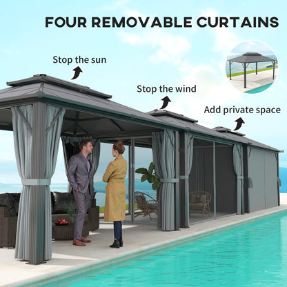 Outsunny 3 x 4m Hardtop Gazebo Canopy with UPF30+ Double Polycarbonate Roof, Aluminium Frame Garden Gazebo Permanent Pavilion with Mosquito Netting and Curtains for Patio, Deck, Grey