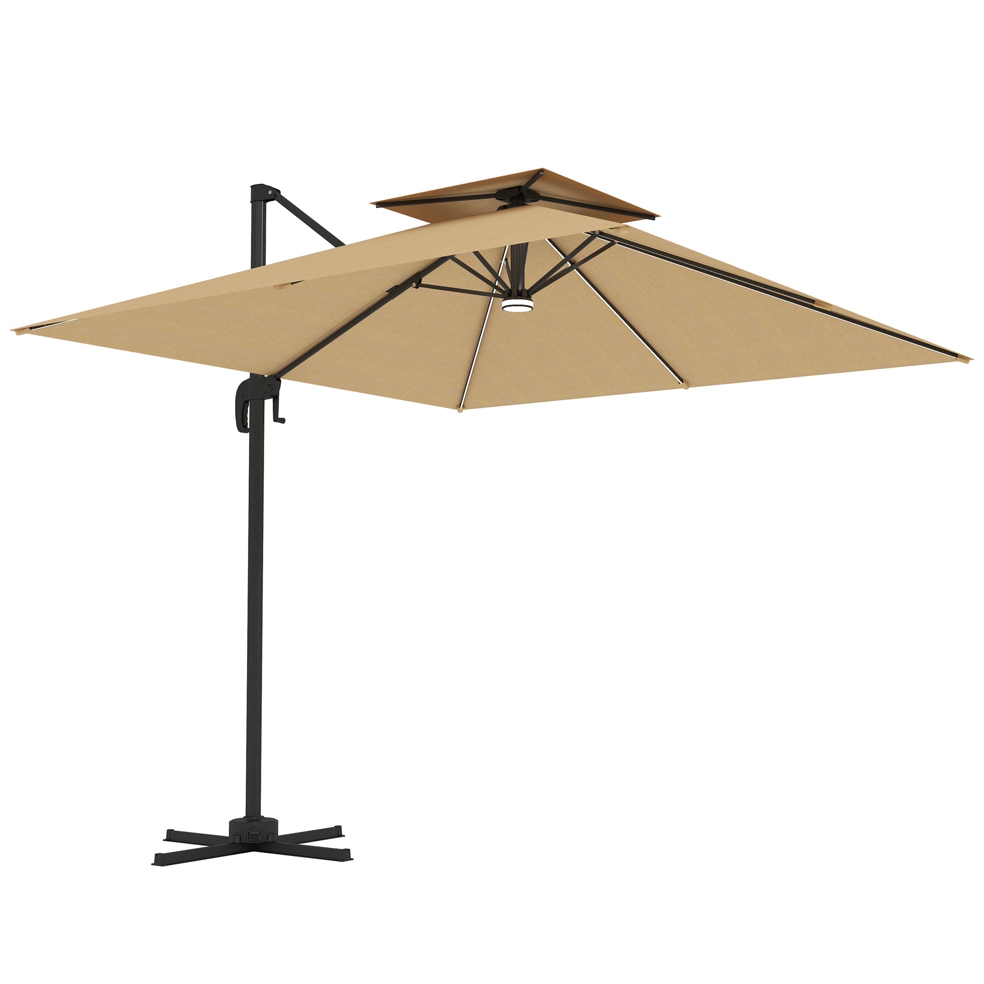 Outsunny 2.5m Cantilever Parasol with Solar Powered LED Lights, 360° Rotation, Tilt Adjustment, Crank Handle, Khaki 