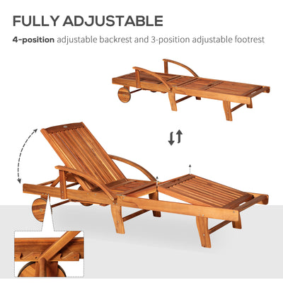 Outsunny Outdoor Garden Patio Wooden Sun Lounger Foldable Recliner Deck Chair Day Bed Furniture with Wheels 