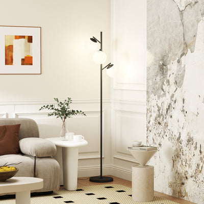 HOMCOM 3-Light Tree Floor Lamps for Living Room, Modern Standing Lamp for Bedroom with Globe Lampshade, Steel Base, Bulb not Included, Black 