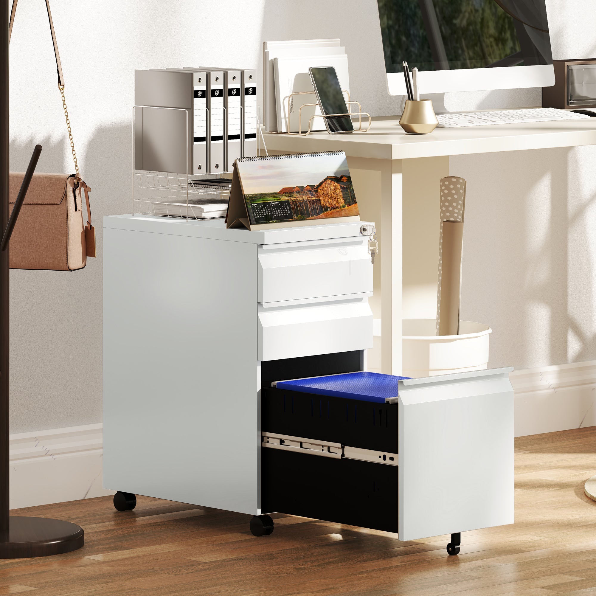 Vinsetto 3-Drawer Steel Filing Cabinet with Lock and Wheels - White 
