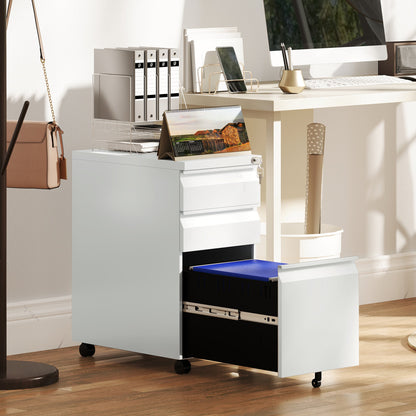 Vinsetto 3-Drawer Steel Filing Cabinet with Lock and Wheels - White 