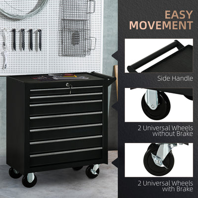DURHAND 7-Drawer Rolling Tool Chest on Wheels, Lockable Tool Cabinet with Side Handle, Metal Tool Box Trolley for Garage, Workshop, Matte Black 