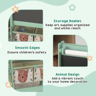 ZONEKIZ Kids Table and Chair Set and Kids Easel with Paper Roll, Storage Baskets, Kids Activity Furniture Set, Green 