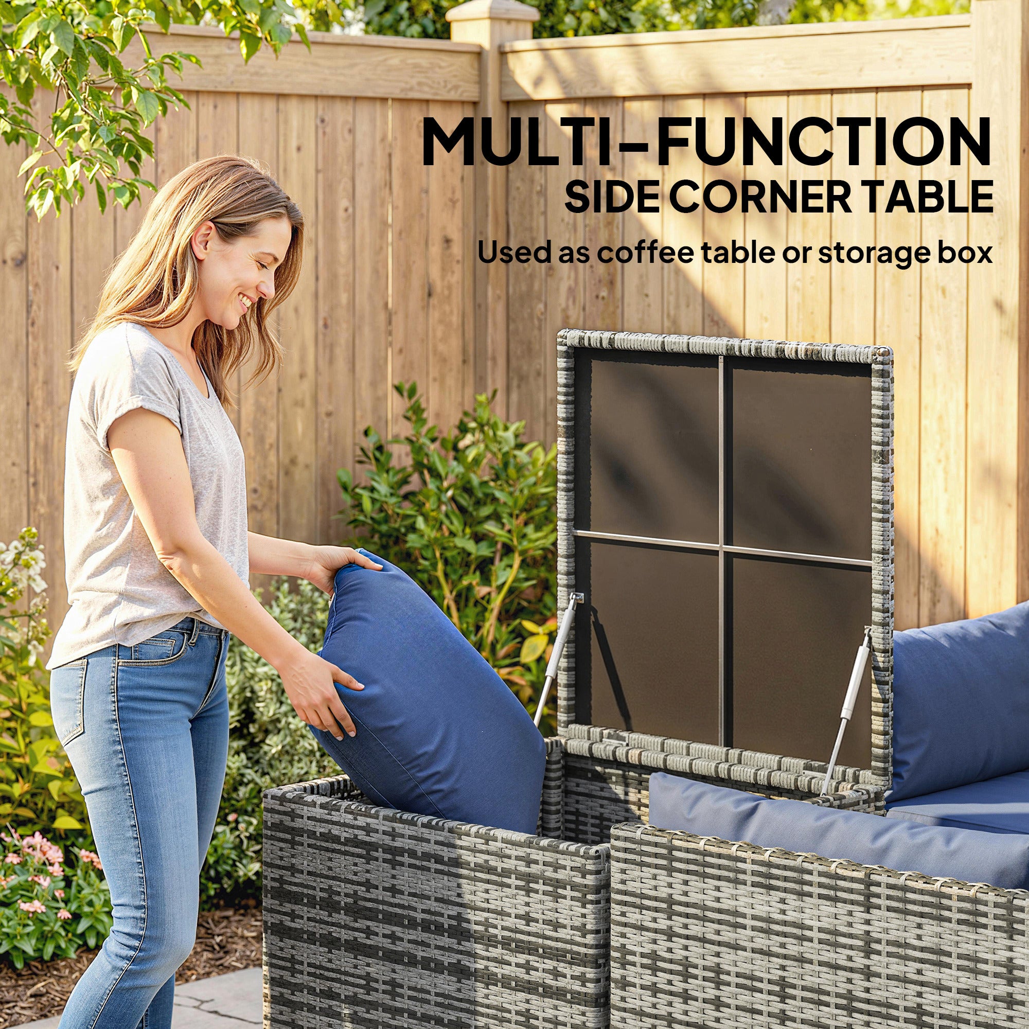 Outsunny 4 Piece Rattan Garden Furniture Set, Outdoor Corner Sofa Set with Storage Table, Loveseats, Cushions - Dark Blue 