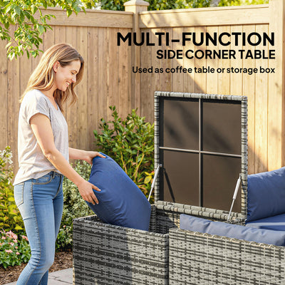 Outsunny 4 Piece Rattan Garden Furniture Set, Outdoor Corner Sofa Set with Storage Table, Loveseats, Cushions - Dark Blue 