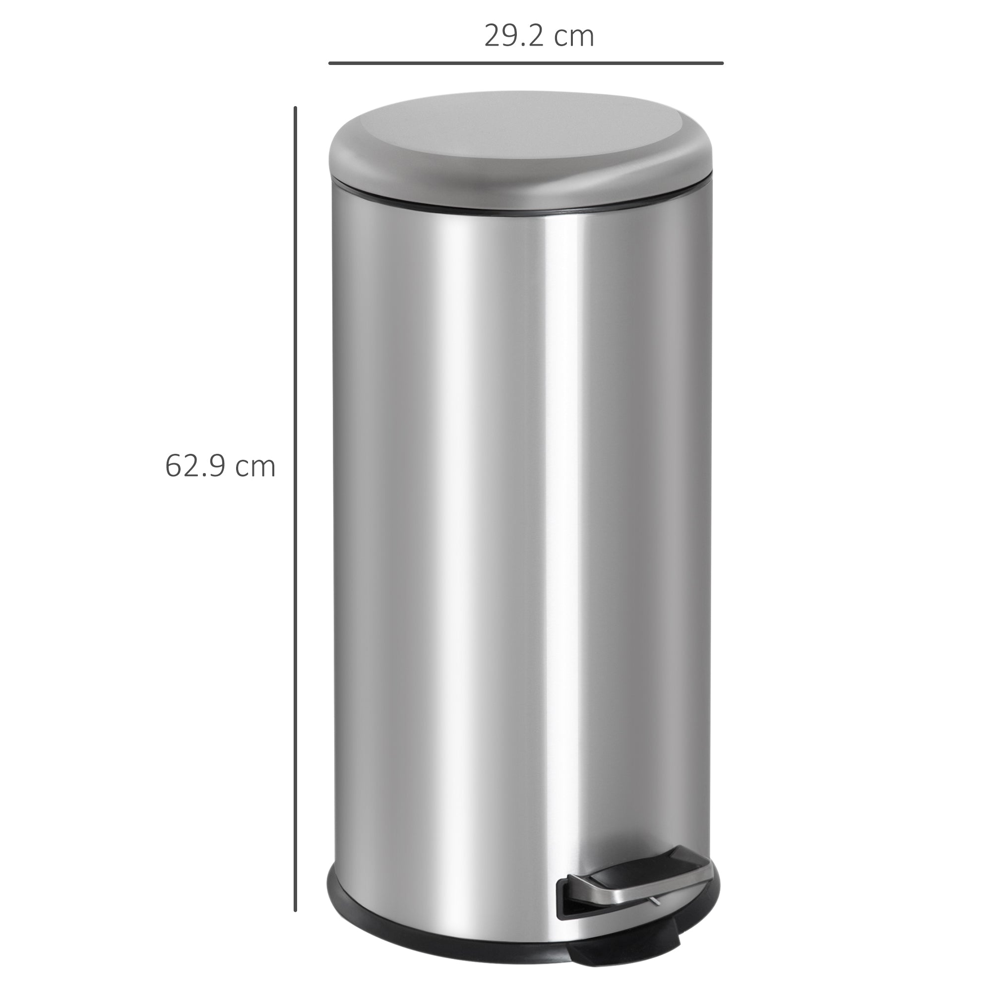 HOMCOM Foot Pedal Bin Stainless Steel Metal Waste Rubbish Lid Kitchen Garbage 30L Silver 