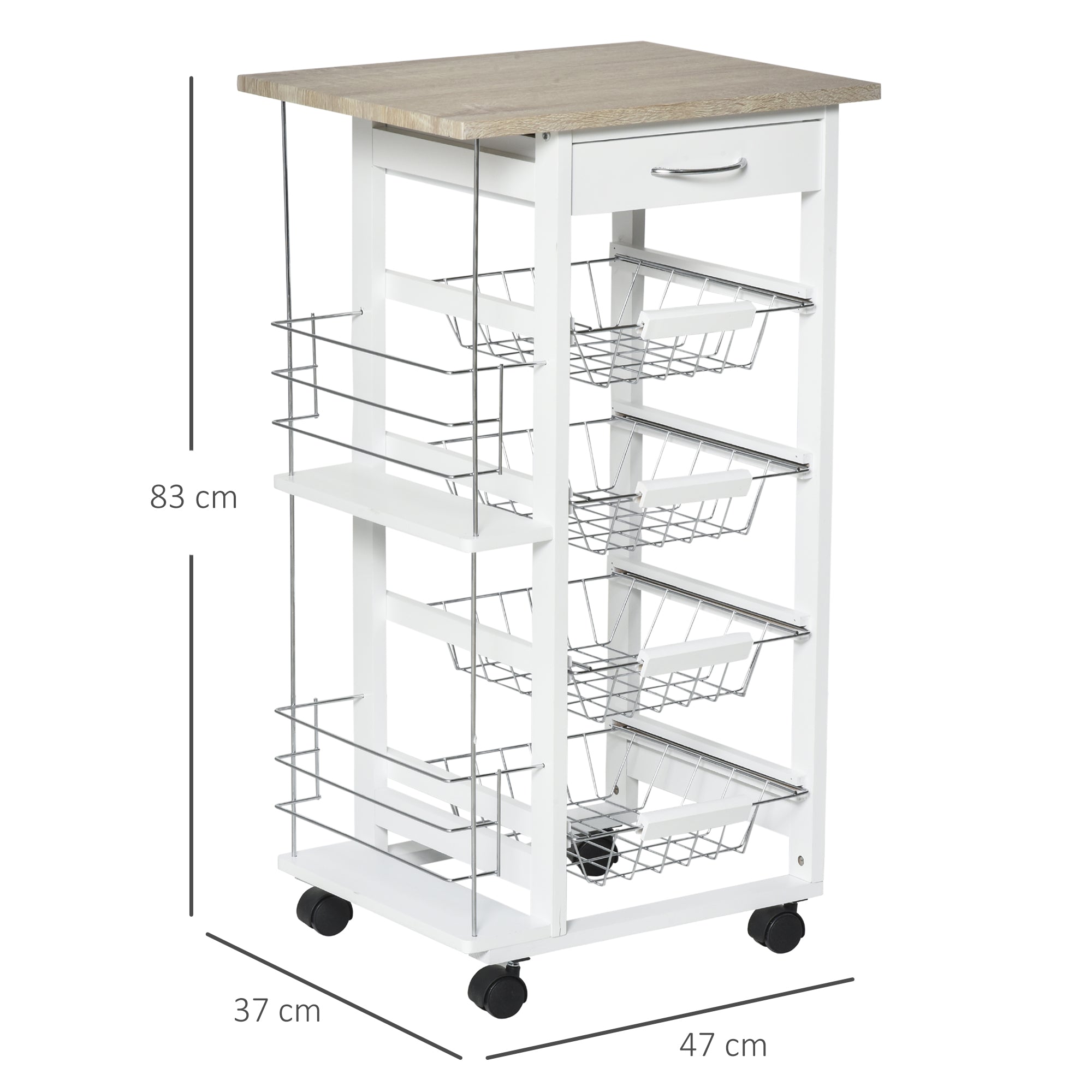 HOMCOM Rolling Kitchen Cart, Utility Storage Cart with 4 Basket Drawers & Side Racks, Wheels for Dining Room, Natural and White 
