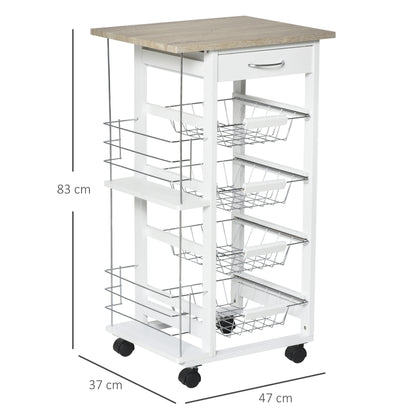 HOMCOM Rolling Kitchen Cart, Utility Storage Cart with 4 Basket Drawers & Side Racks, Wheels for Dining Room, Natural and White 