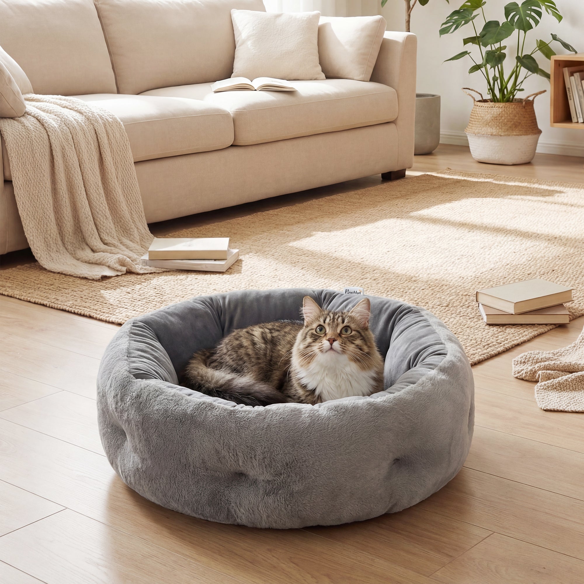 PawHut Cat Bed, Reversible Dog Pet Bed for Indoor Cats and Small Dogs, Round Bed with Supportive Bolster, Dark Grey 