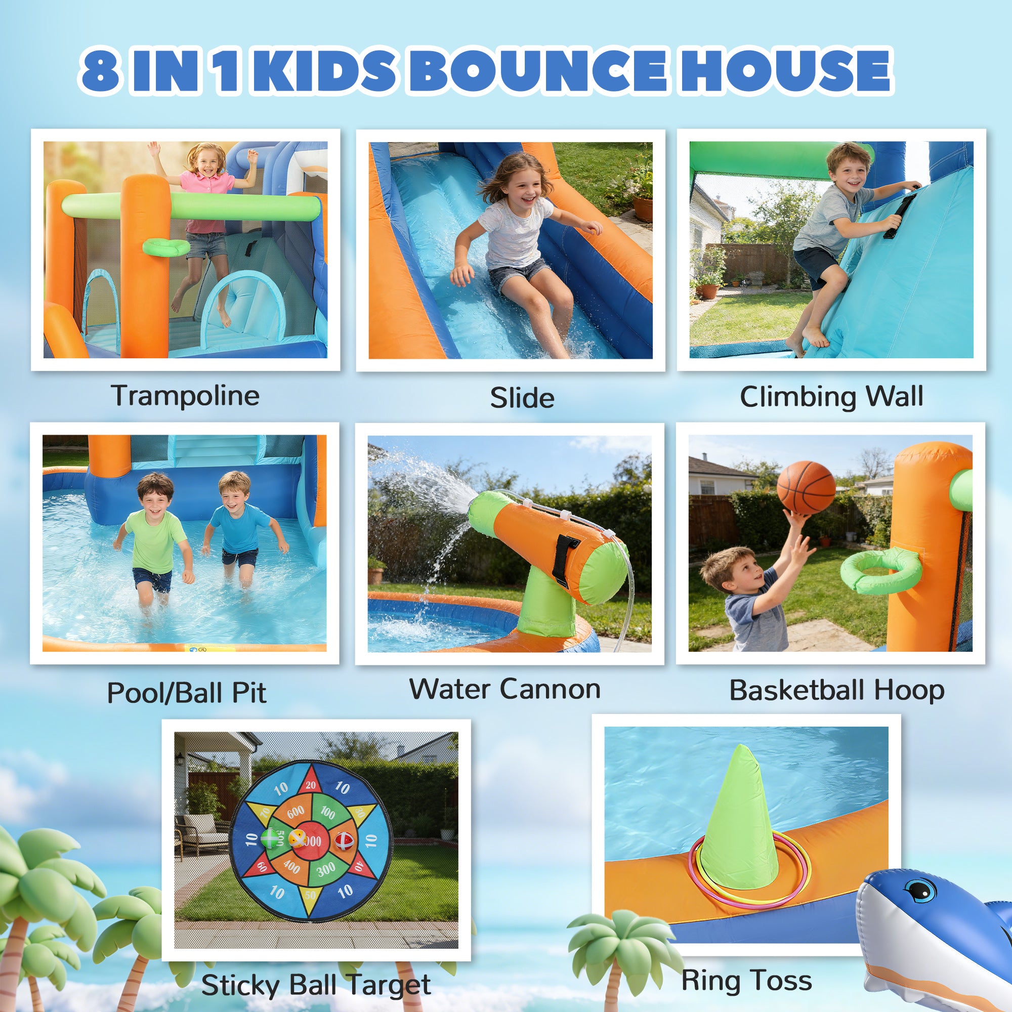 AIYAPLAY Inflatable Bouncy Castle for Kids, Sharks Theme Jumping Bounce House with Slide, Climbing Wall for Indoor Outdoor 