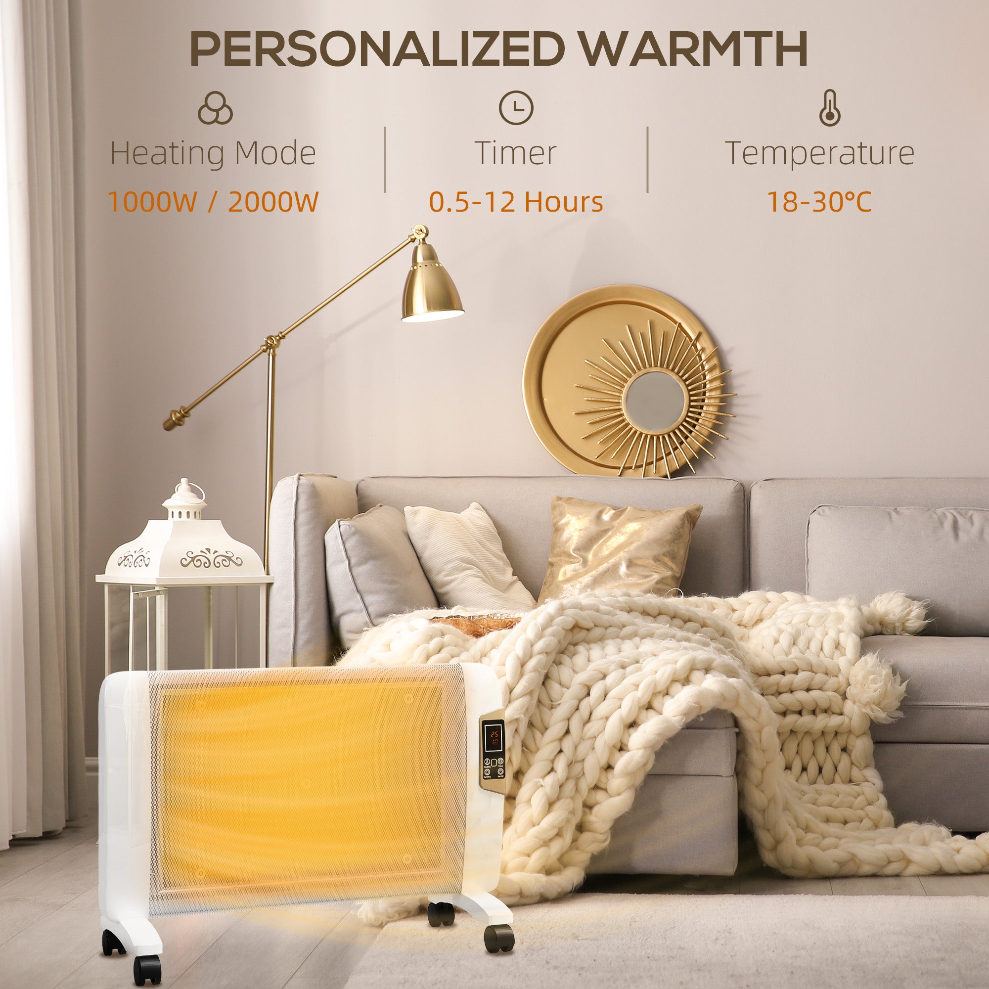 HOMCOM Mica Electric Space Heater, Portable Heater for Home with 2 Heat Settings, Living Room, Study, Garage, Adjustable Temperature 18-30\'c2\'b0C, 1000W/2000W, White