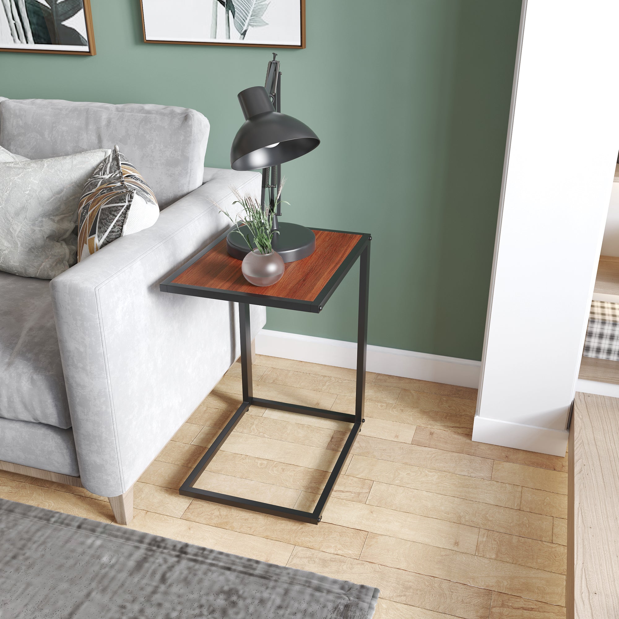 HOMCOM C-Shaped Side Table, Sofa End Table with Metal Frame, Accent Couch Table for Living room, Bedroom, Walnut and Black 