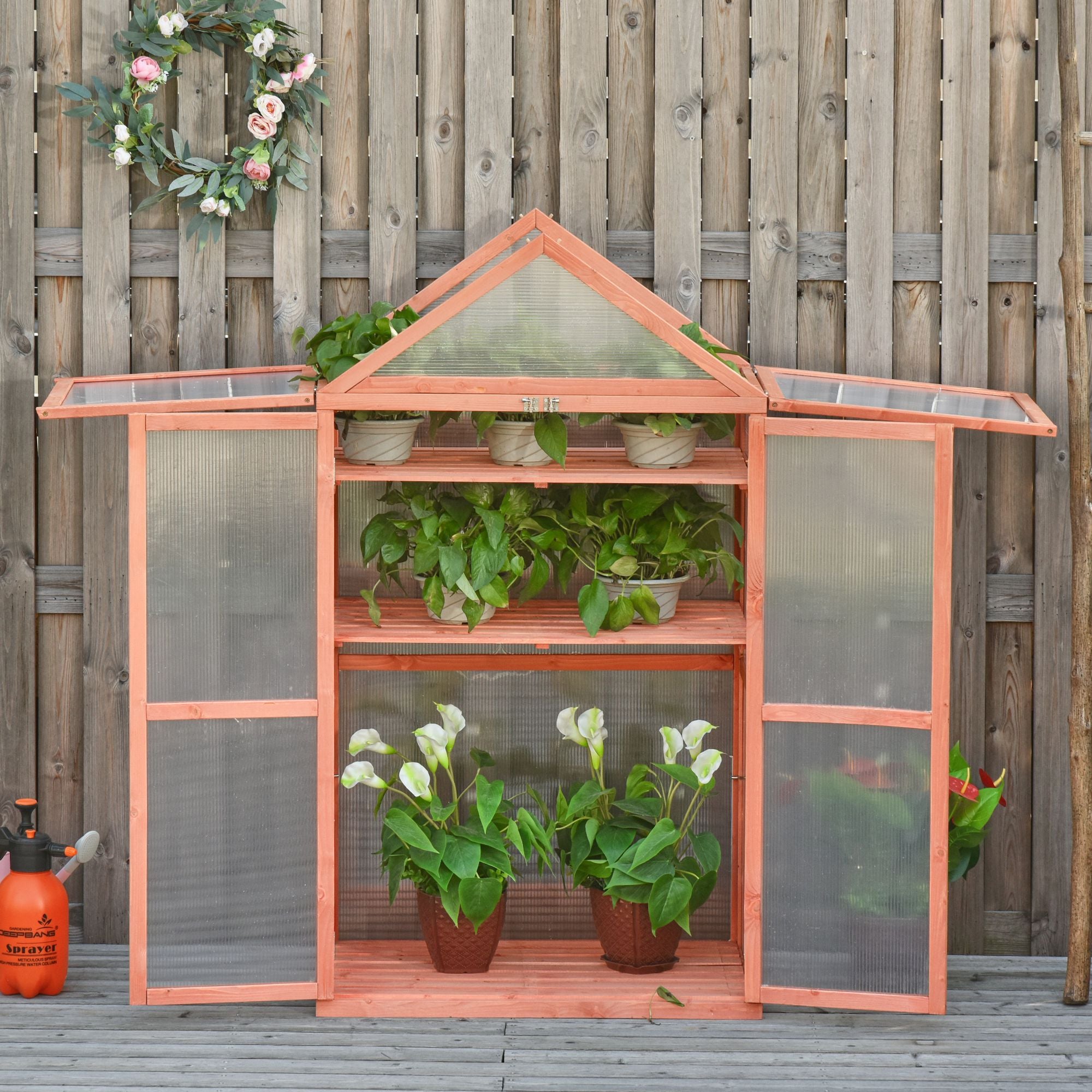 Outsunny Garden Cold Frame Polycarbonate Greenhouse with Adjustable Shelves, Double Doors, Openable Top Covers, Grow House for Flower Vegetable Plants, 80 x 47 x 138cm, Orange 