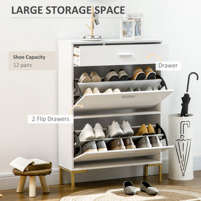 HOMCOM Three Drawer Slim Shoe Storage Cabinet, 12 Shoe Pairs - White 