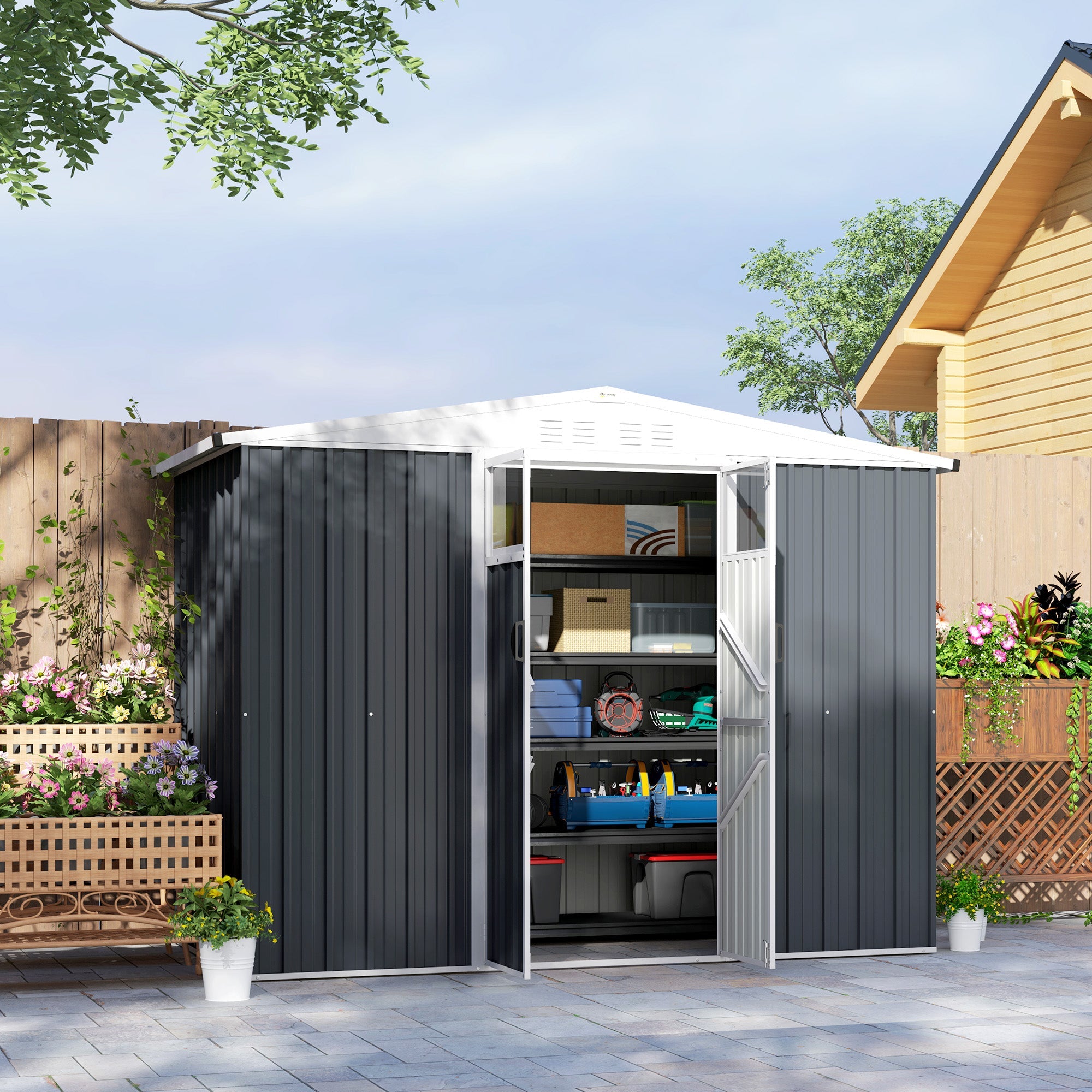 Outsunny 8 x 4 ft Metal Garden Shed, Garden Storage Shed with Window, 4 Vents and Lockable Door, Waterproof Galvanised Steel Tool Storage Shed, Dark Grey 