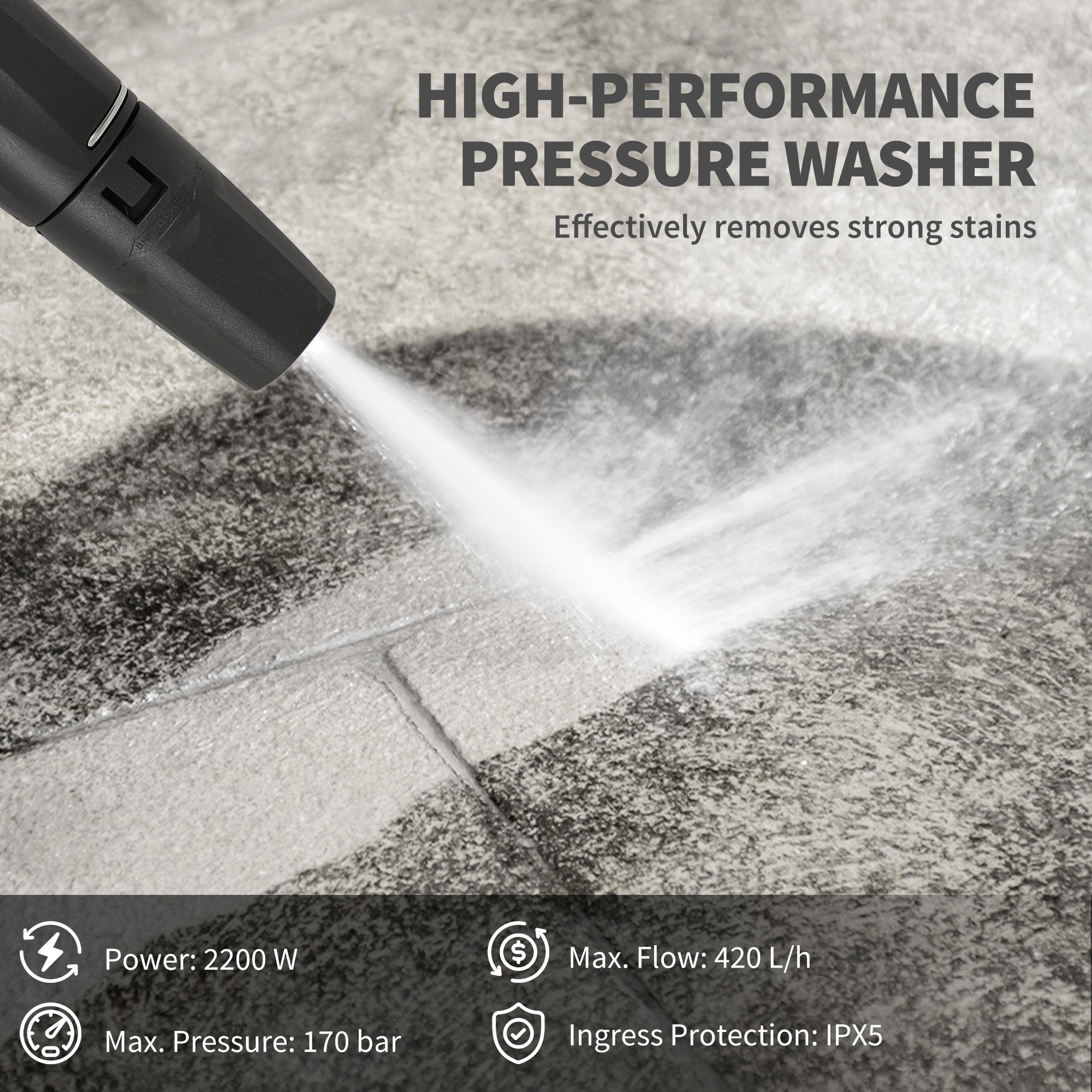 Outsunny 2200W High Pressure Washer, 170 Bar Pressure, 420 L/h Flow, Portable Electric Power Washer Jet Wash Cleaner with Adjustable Nozzle 6M Hose and Hose Reel for Home Patio Car Driveway 