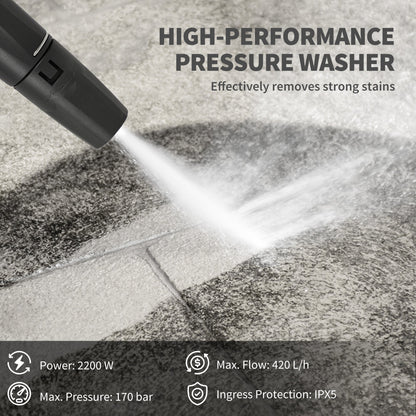 Outsunny 2200W High Pressure Washer, 170 Bar Pressure, 420 L/h Flow, Portable Electric Power Washer Jet Wash Cleaner with Adjustable Nozzle 6M Hose and Hose Reel for Home Patio Car Driveway 