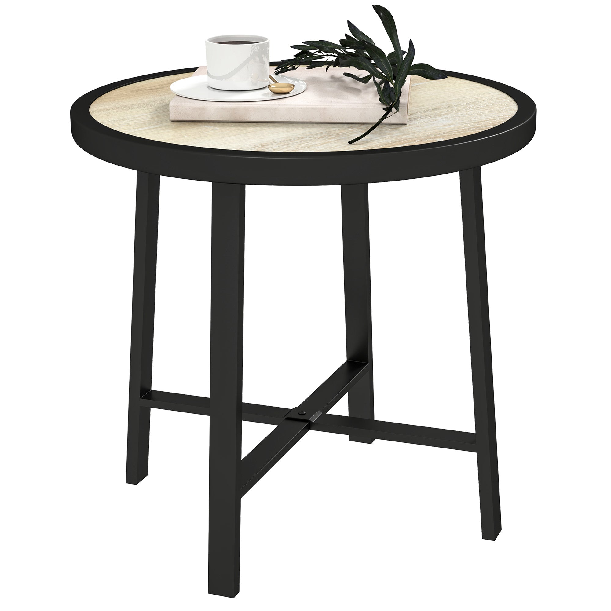 Outsunny Round Small Garden Table, 50.5cm Outdoor Side Table with SPC Tabletop, Metal Frame and Anti-slip Foot Pads for Garden, Balcony, Nature Wood Finish 