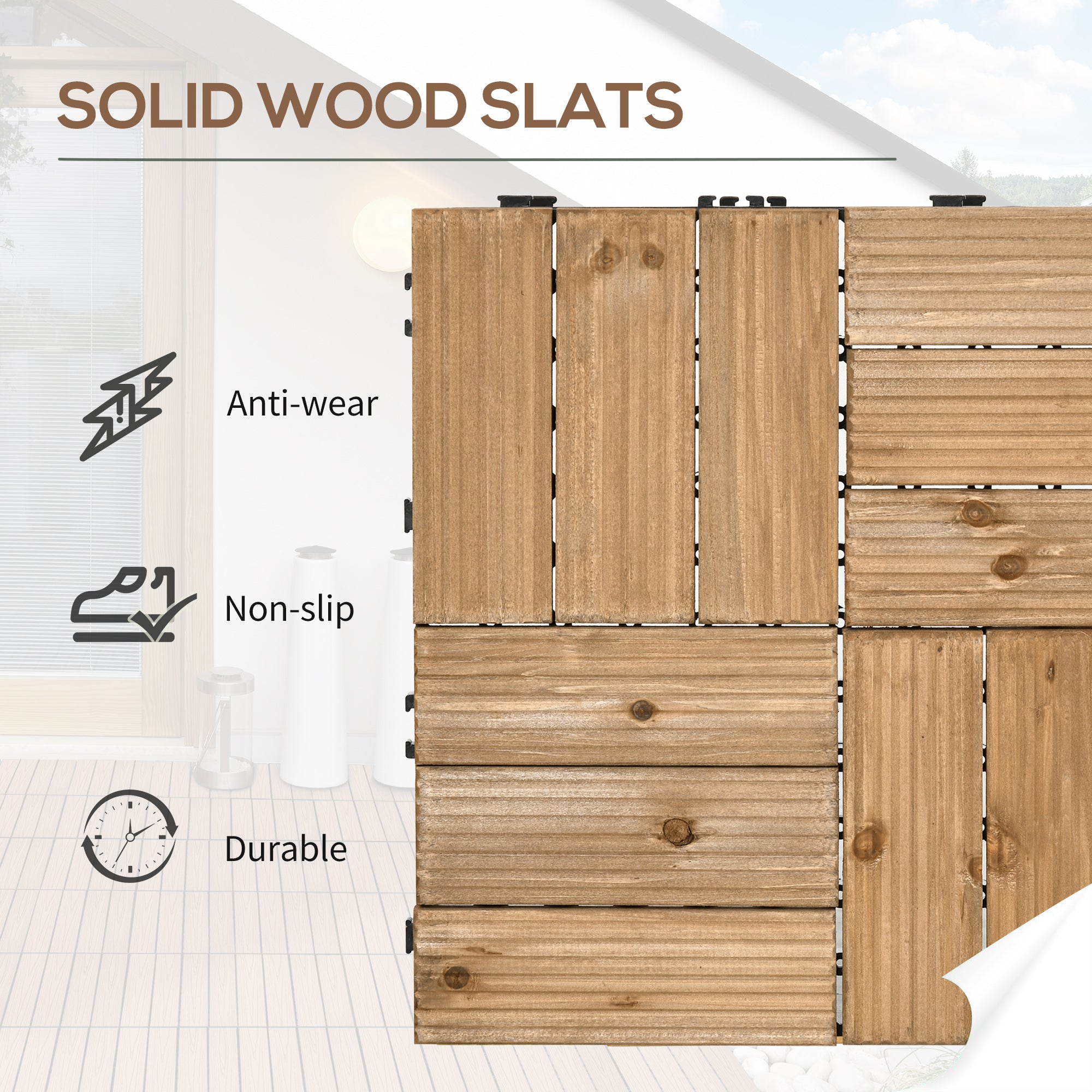 Outsunny 27 Pcs Wooden Interlocking Decking Tiles, Outdoor Flooring Tiles for Patio, Balcony, Terrace, Hot Tub, 30 x 30 cm per Piece, 2.5\'e3\'8e\'a1 per Pack, Brown