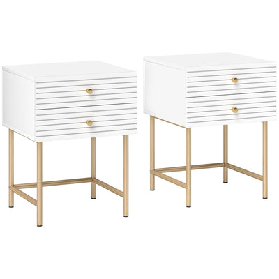 HOMCOM Set of Two Elegant Bedside Tables - White/Gold-Tone 