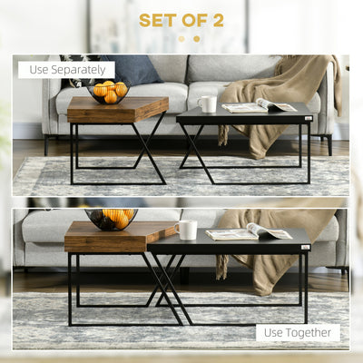 HOMCOM Coffee Table Set of 2, Industrial Nesting Table with Steel Frame and 8cm Thick Tabletop, Sofa Side End Table for Living Room, Rustic Brown 