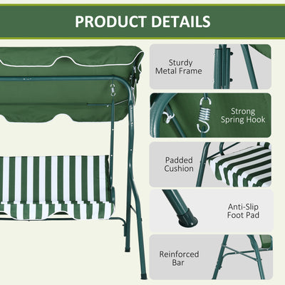 Outsunny 3 Seater Garden Swing Seat Chair Outdoor Bench with Adjustable Canopy and Metal Frame, Green Stripes 