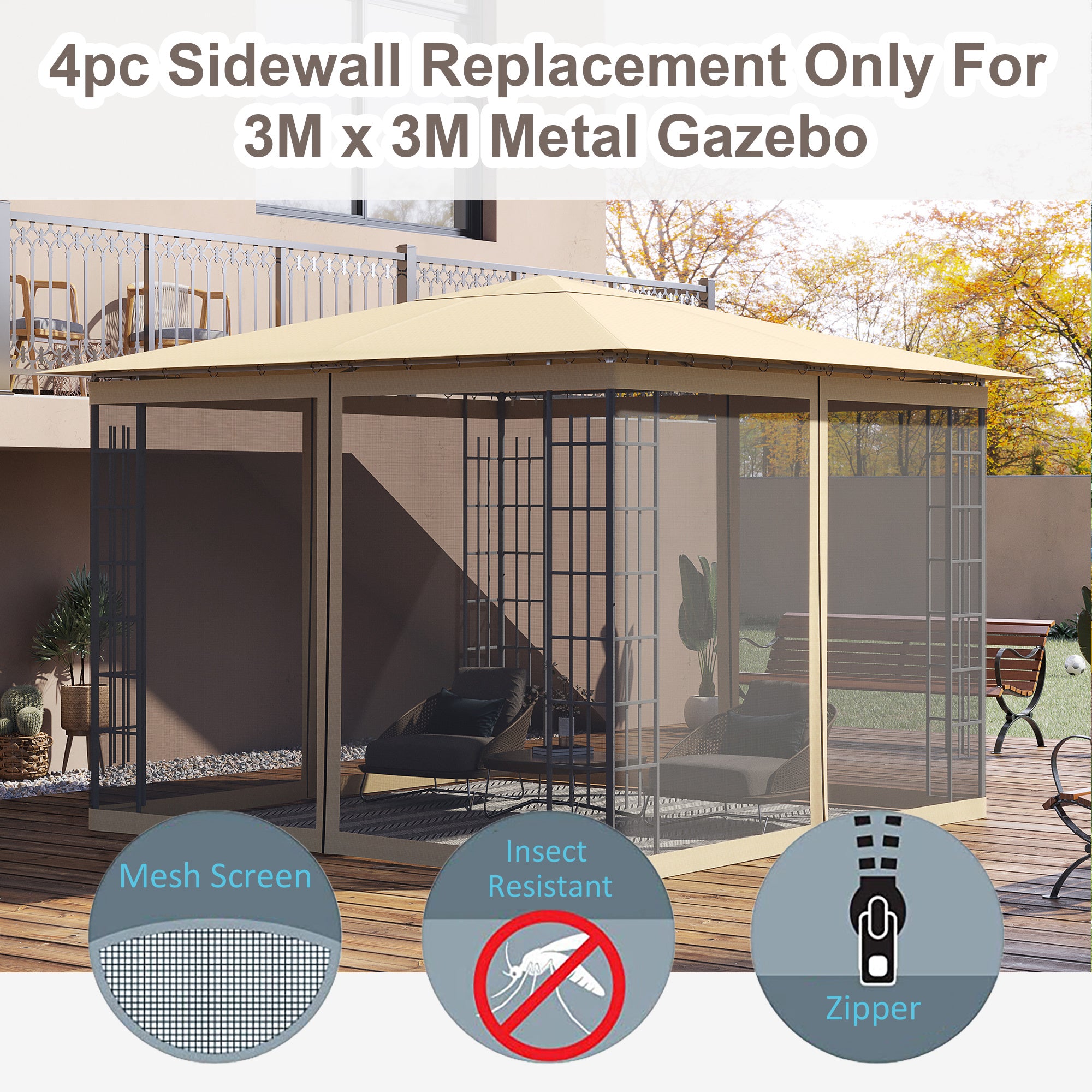 Outsunny 302 x 207cm Universal Replacement Mesh Sidewall Netting for Gazebos and Canopy Tents, (Sidewall Only) Beige 