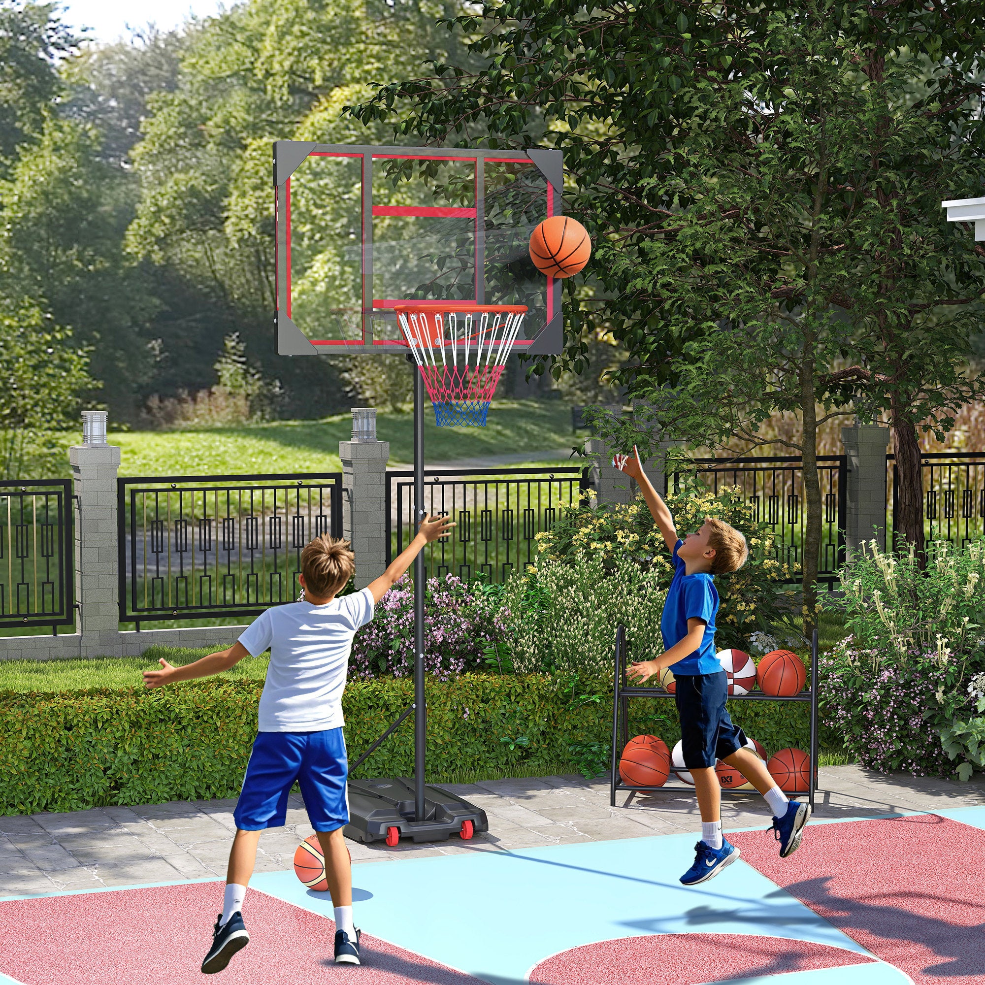 AIYAPLAY Basketball Hoop Outdoor Indoor, 210-260cm Height Adjustable Basketball Hoop with Wheels, Larger Base, for 6+ Years, Red 