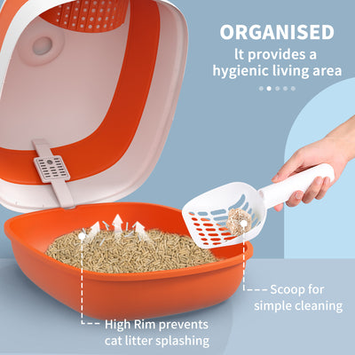 PawHut Foldable Cat Litter Tray with Lid, Deodorant, Scoop, Orange 